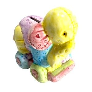 Vintage Ceramic Quilted Elephant Coin Bank, Piggy Bank, Pastel Colors